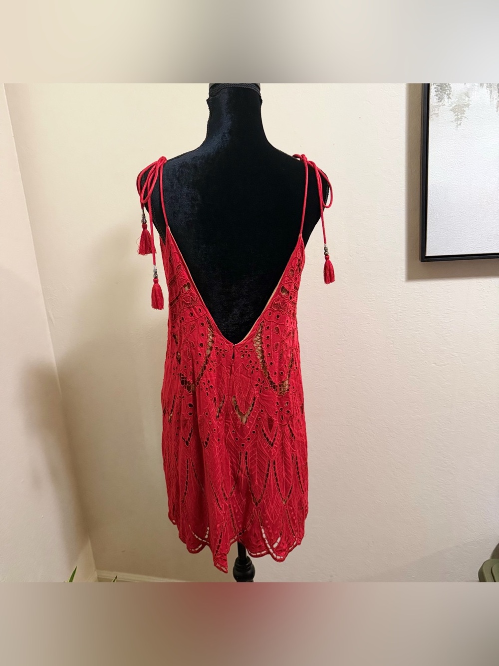 Free People PYT Mini Dress Red Lace Boho Crochet Scalloped Cutout Strappy V-Neck - Picture 10 of 15